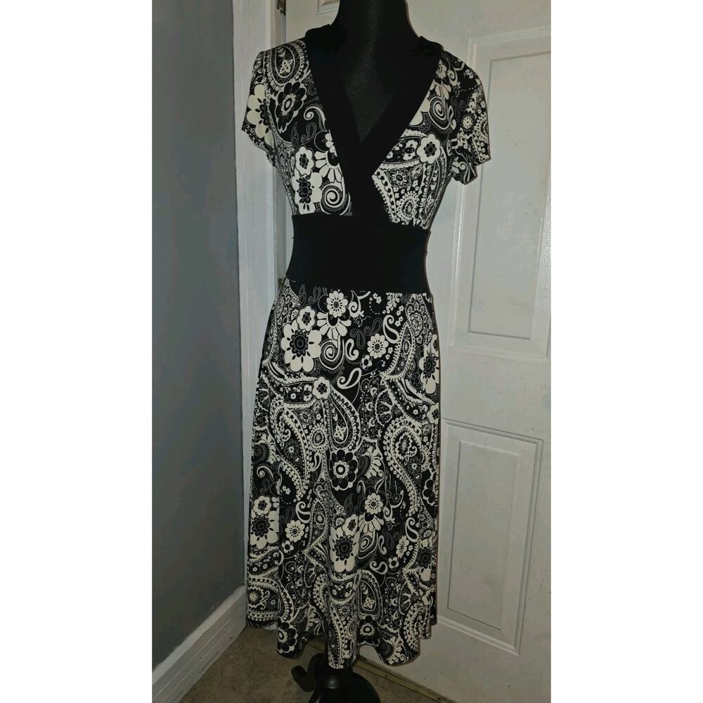 Vtg Y2K Floral Paisley Print Baby Doll Dress V Neck Black Stretch Dressbarn 8